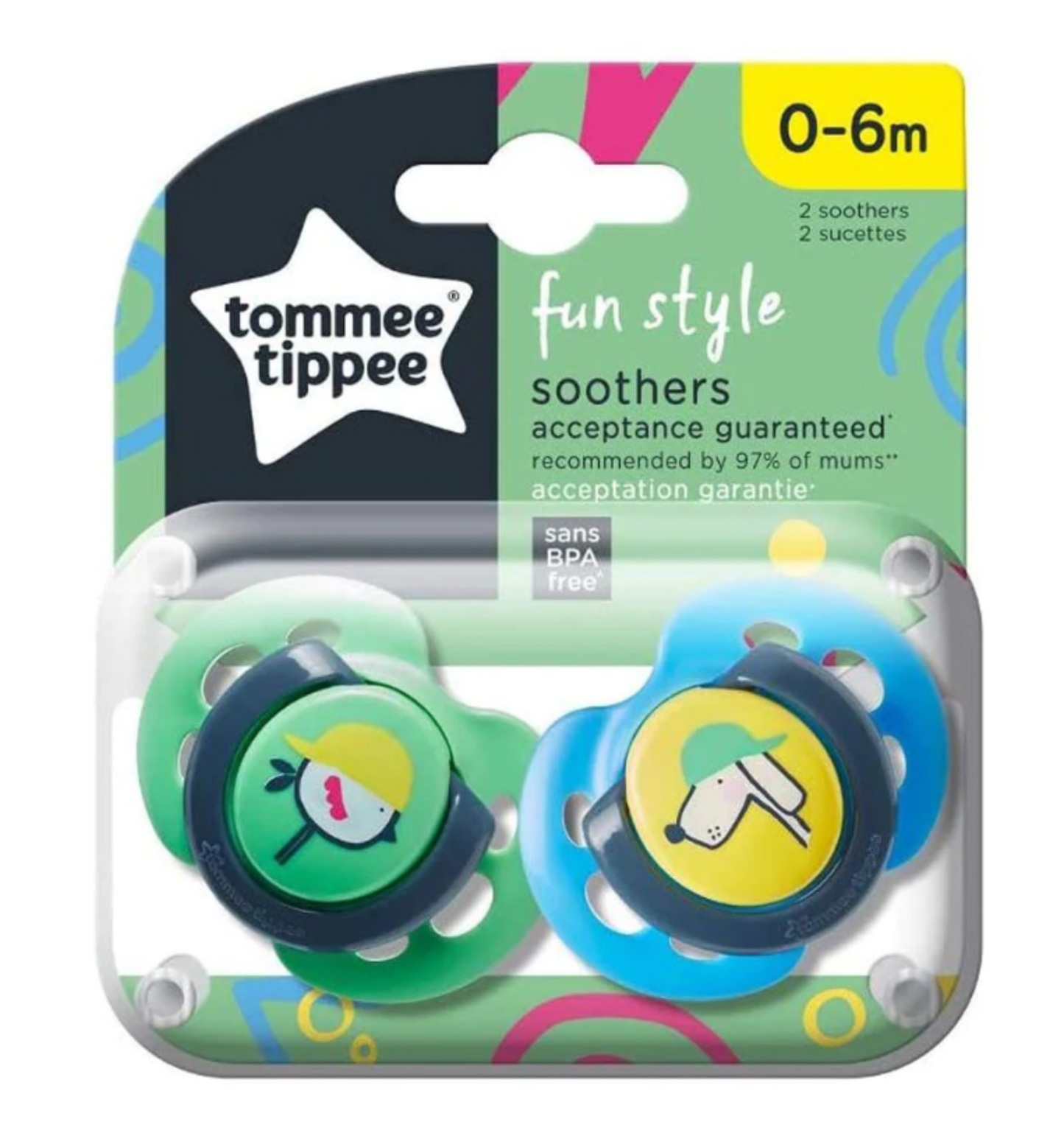 Tommee Tippee Fun Style Soothers 0-6m 2 Pack Dummies - Assorted
