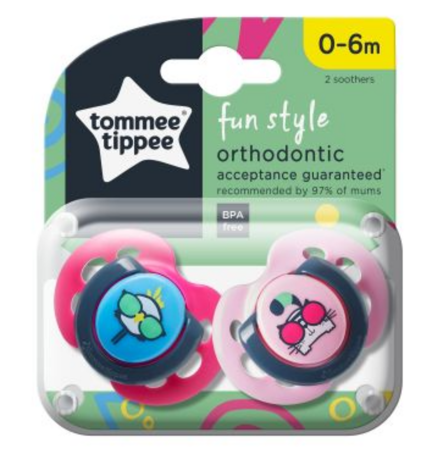 Tommee Tippee Fun Style Soothers 0-6m 2 Pack Dummies - Assorted